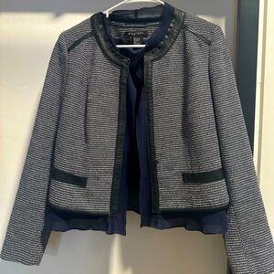 Etcetera 6 Blazer White Black Navy Blue Woven Chiffon Leather Trim Jacket